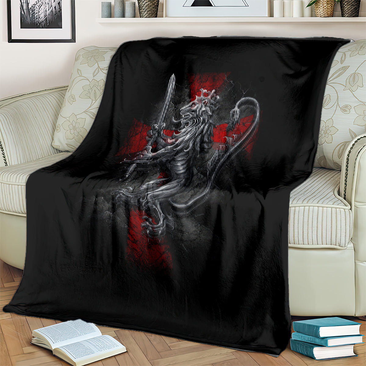 Black blanket on sofa back, gray winged crusader skull graphic with red splashes