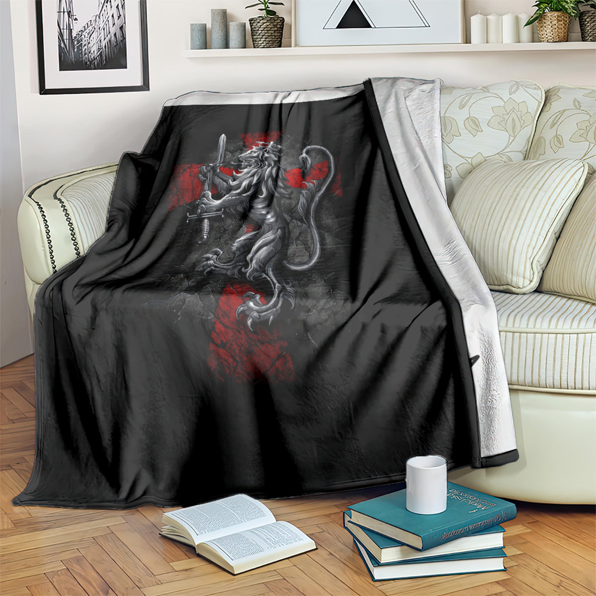 Black blanket with large crusader skull graphic, red accents, draped over armchair