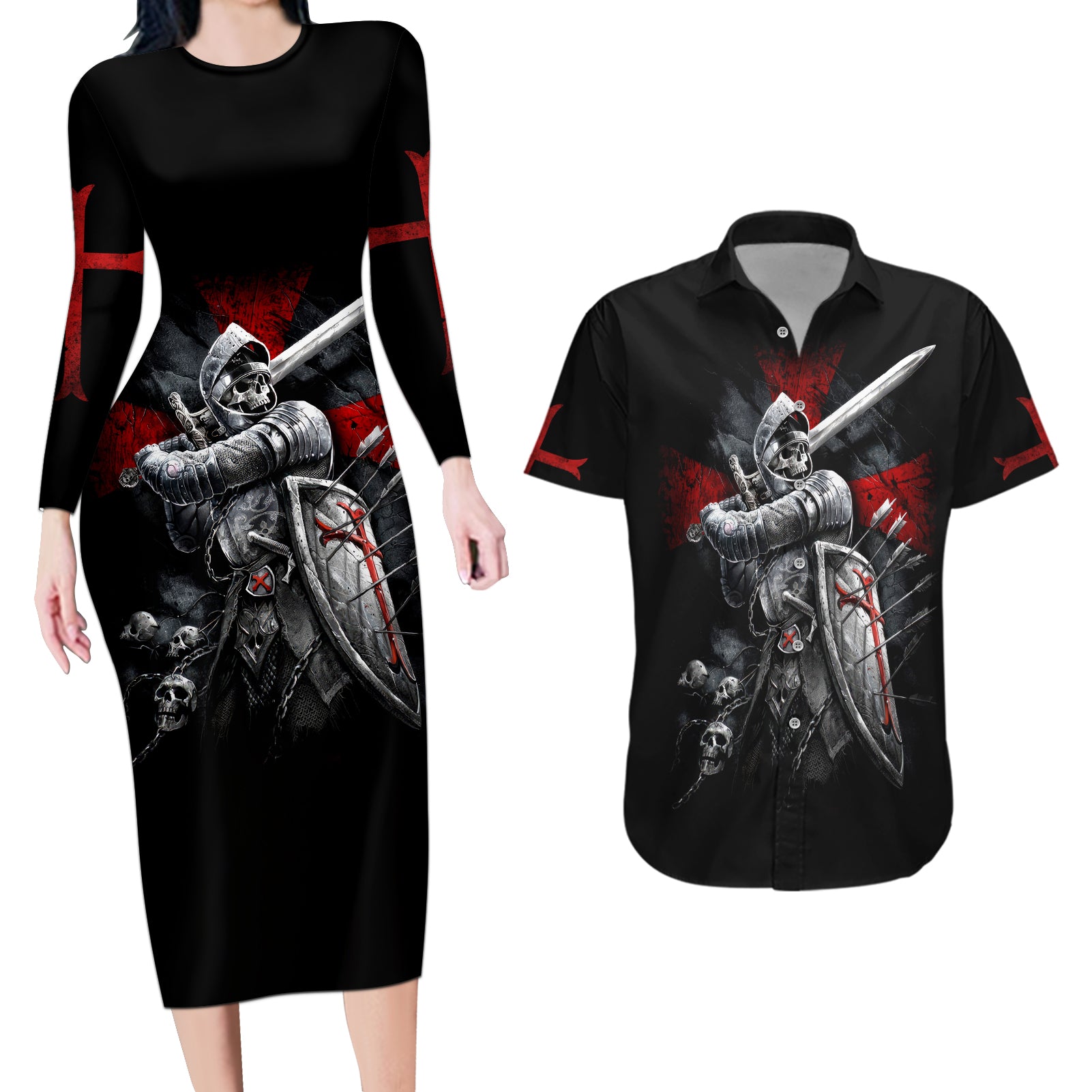 Skull Couples Matching Long Sleeve Bodycon Dress and Hawaiian Shirt Death Skull Crusader - Wonder Print Shop