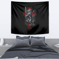 Black wall tapestry with silver knight skull and red accents graphic, centered above bed