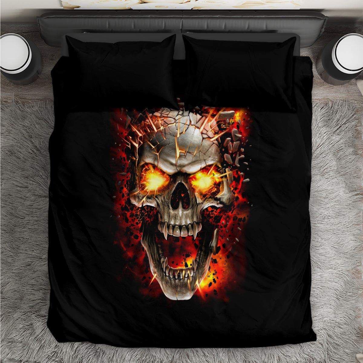 Black skull bedding set with fiery scream tattoo graphic, includes matching pillowcases