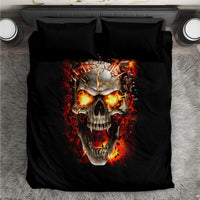 Black skull bedding set with fiery scream tattoo graphic, includes matching pillowcases