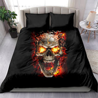 Black duvet cover bedding set featuring fiery skull face print and two dark pillowcases
