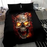 Black skull bedding set with large flaming skull artwork centered on duvet and pillows