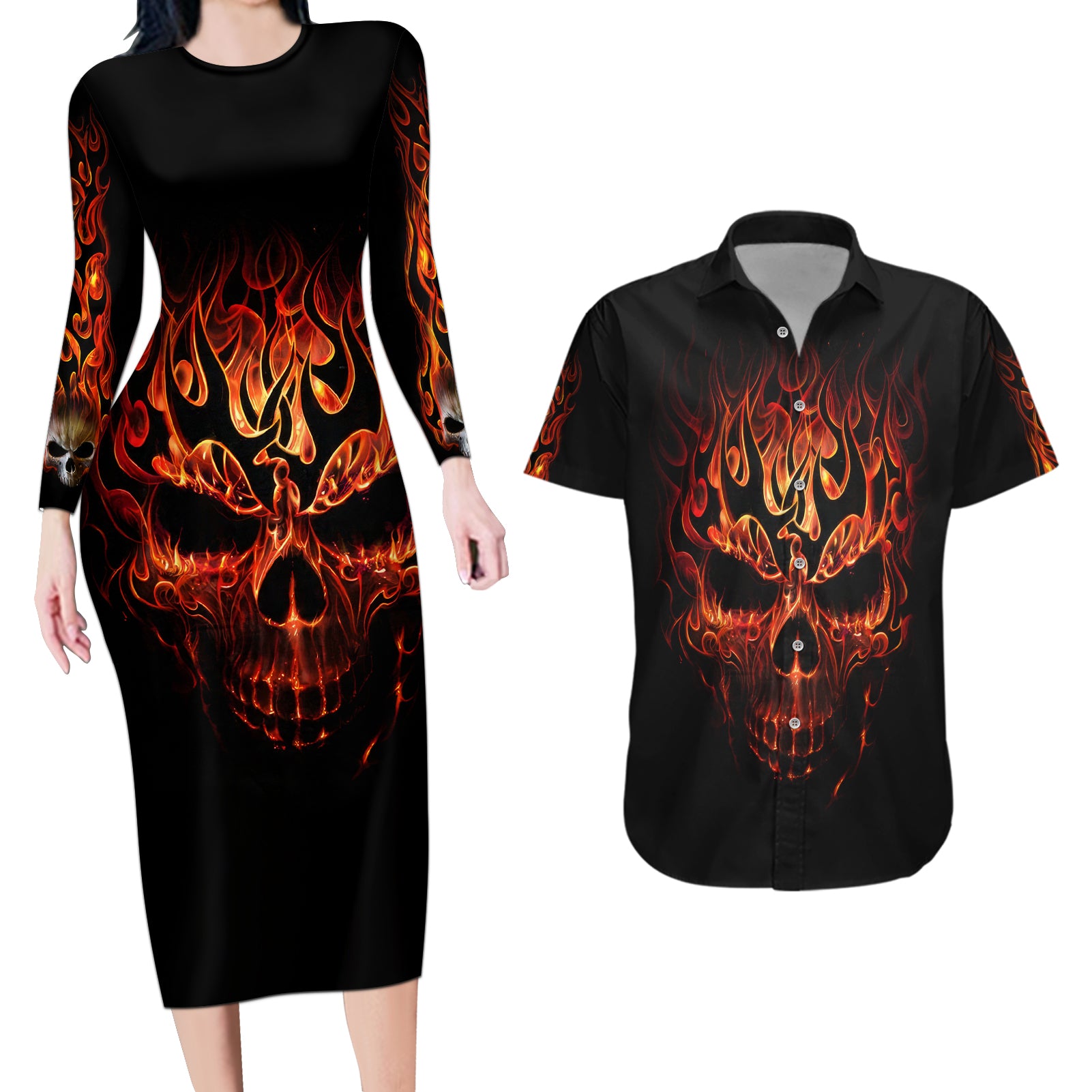 Skull Couples Matching Long Sleeve Bodycon Dress and Hawaiian Shirt Fire Skull Tattoo Scream - Wonder Print Shop