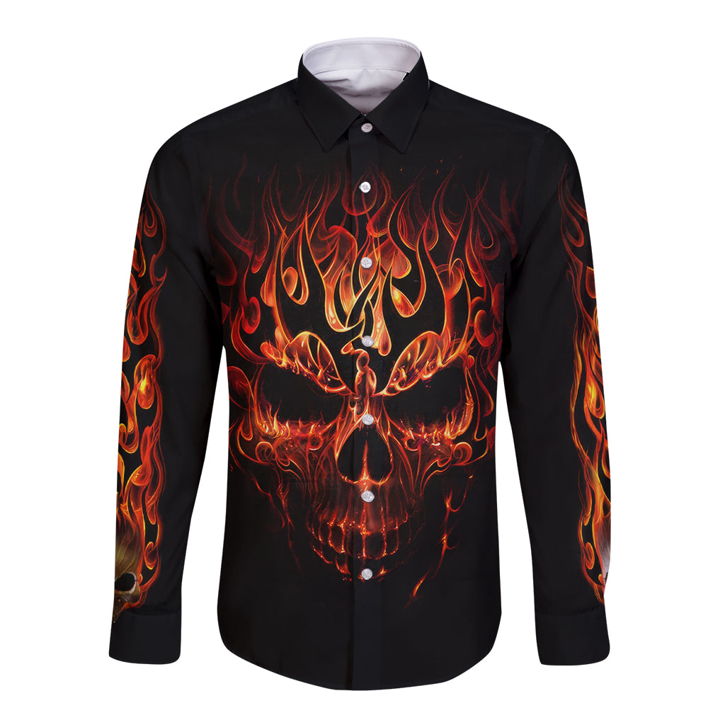 Skull Long Sleeve Button Shirt Fire Skull Tattoo Scream - Wonder Print Shop