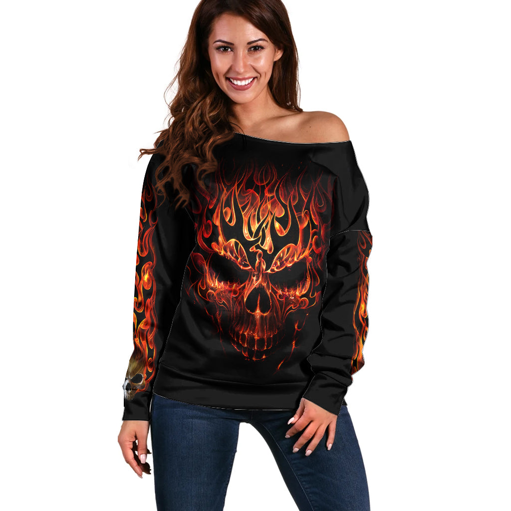 Skull Off Shoulder Sweater Fire Skull Tattoo Scream - Wonder Print Shop