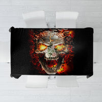Black rectangular tablecloth with fiery skull graphic, rectangular drop style