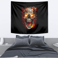 Black skull fire tapestry with fiery eyes skull design, centered hanging