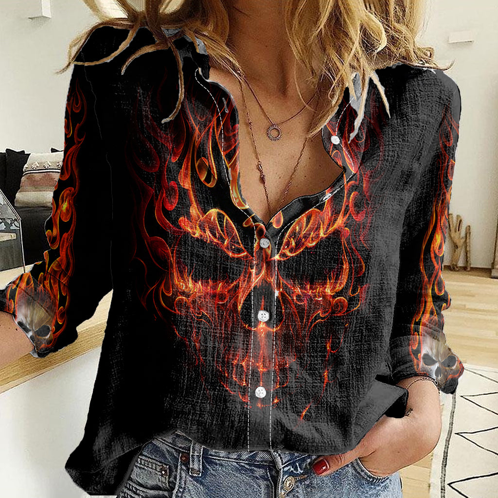 Skull Women Casual Shirt Fire Skull Tattoo Scream DT01