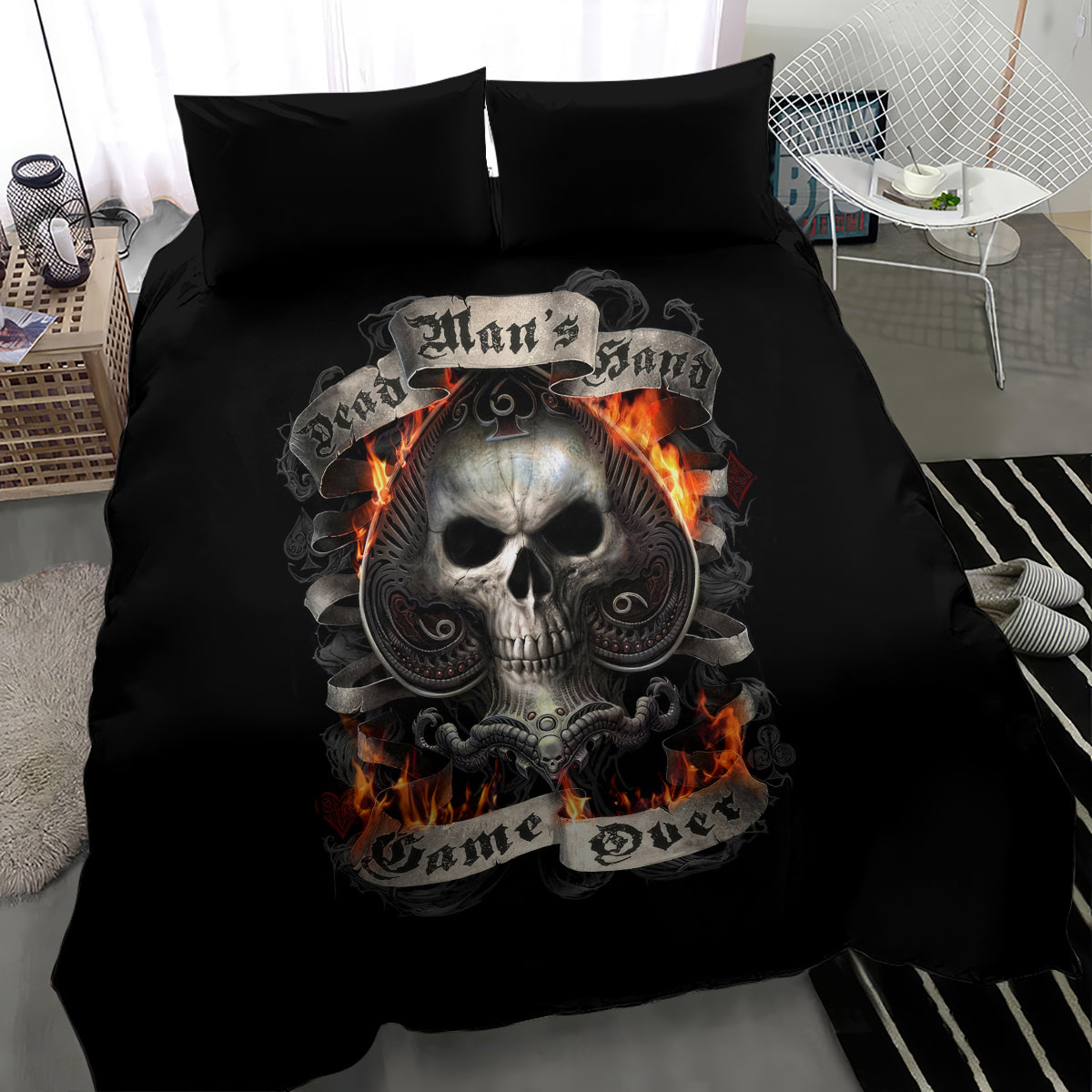 Black duvet cover with flaming skull center print and two black pillow shams