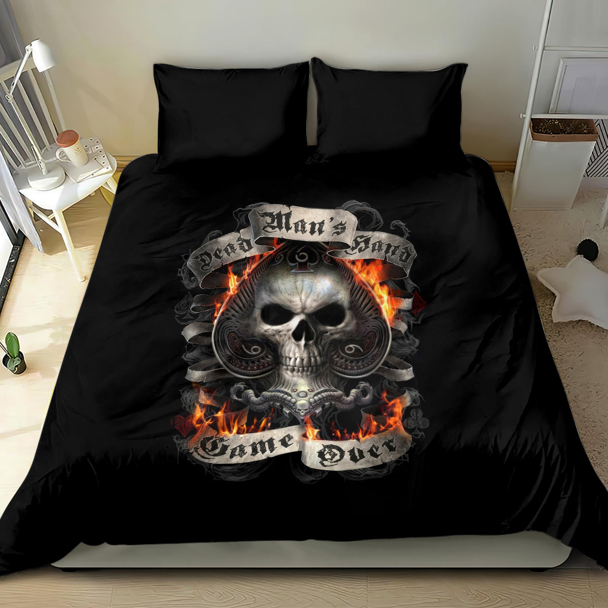 Black bedding set featuring flaming skull artwork on duvet with two matching pillow shams