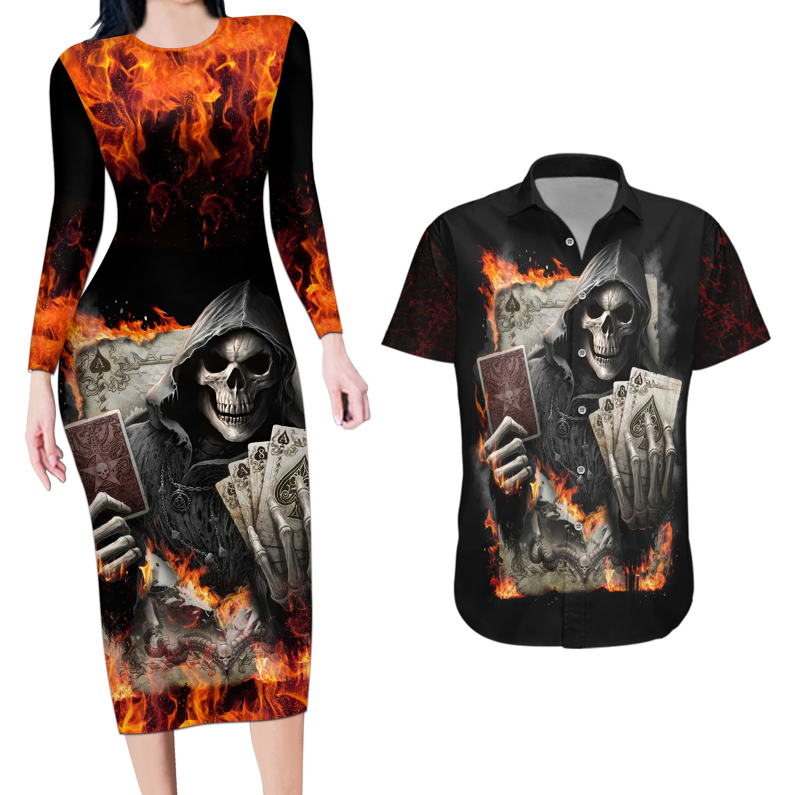 Skull Couples Matching Long Sleeve Bodycon Dress and Hawaiian Shirt Gambling Death Fire - Wonder Print Shop