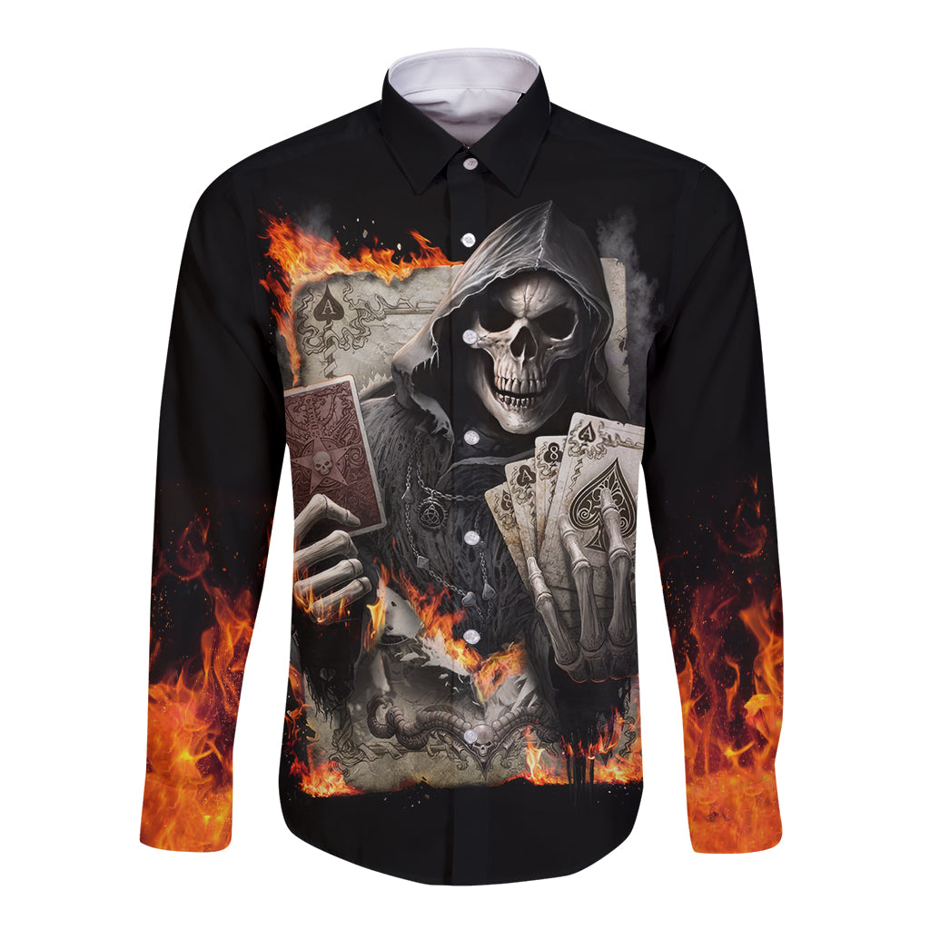 Skull Long Sleeve Button Shirt Gambling Death Fire - Wonder Print Shop