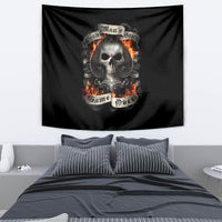 Black wall tapestry featuring a silver skull with orange flames and circular emblem
