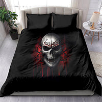 Black skull bedding set with red halo-style graphic on duvet and matching pillowcases