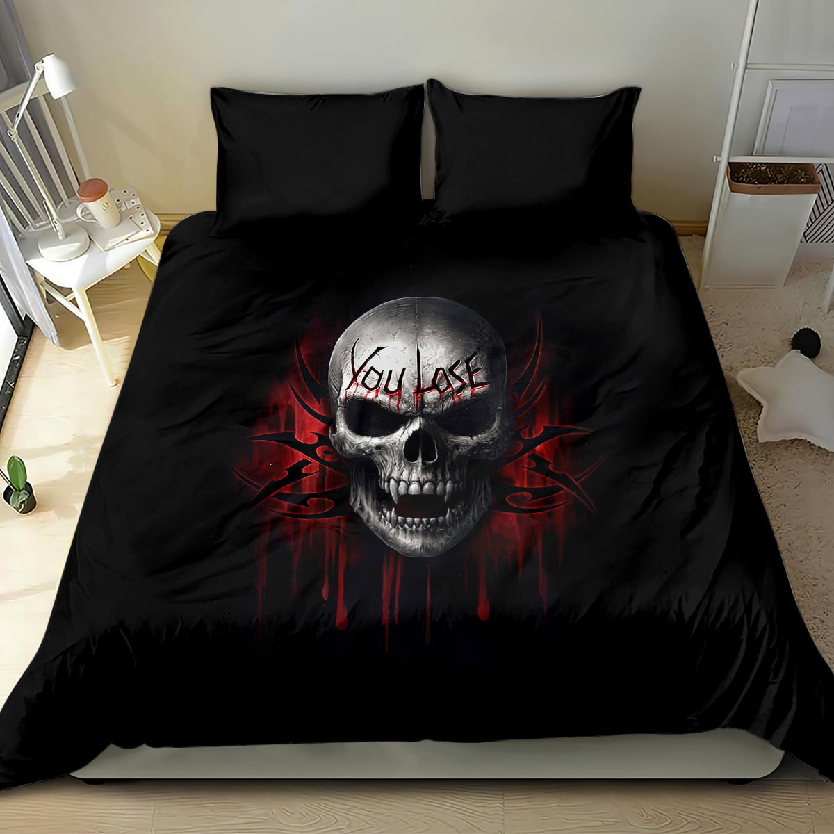 Black bedding set with large gray skull and red graphic, includes two pillowcases