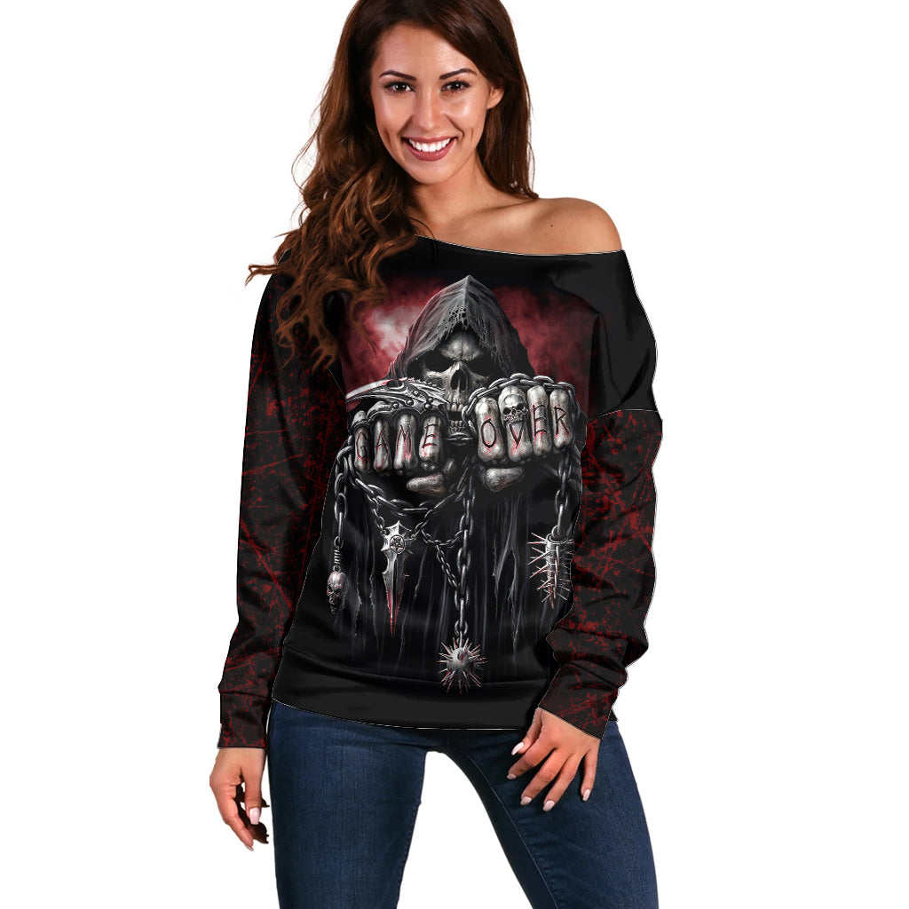 Skull Off Shoulder Sweater Death Skull Game Over - Wonder Print Shop