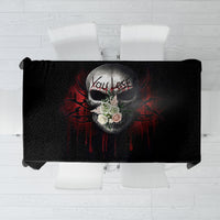 Black skull graphic tablecloth with red drips, shown laid flat