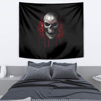 Black skull wall tapestry with red graffiti-style text and flame accents