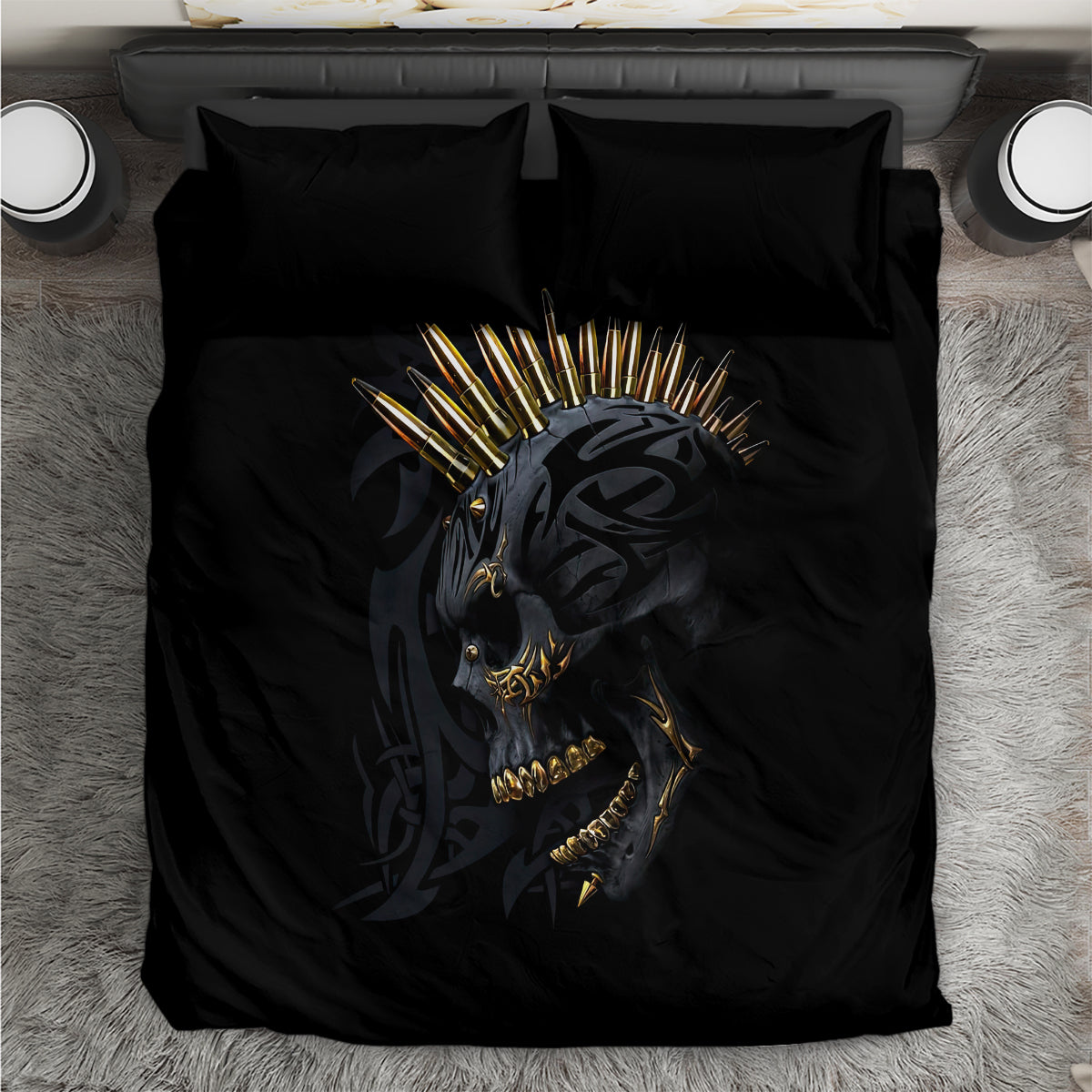 Black skull gangster duvet set with gold spiked ornament on front panel
