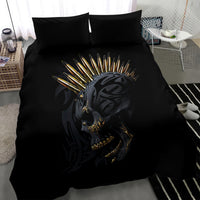 Black bedding set with gold skull gangster artwork and two matching pillowcases