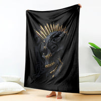 Black skull gang graphic blanket, golden spiked crown and chain detail