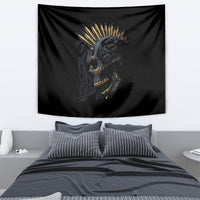 Black wall tapestry with golden skull and spiked halo artwork, centered