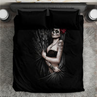 Black girl day of the dead bedding set with skull woman and red rose, two pillowcases