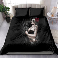 Black bedding set for girls with skull woman, red rose graphic, duvet and two pillowcases