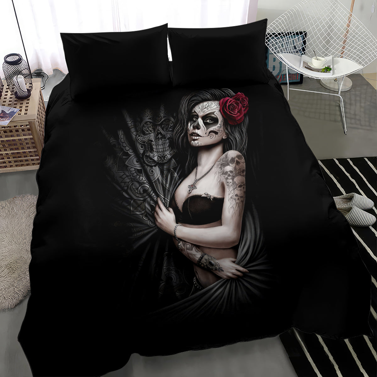 Black day of the dead bedding set with skull woman portrait and red rose on duvet, two pillows