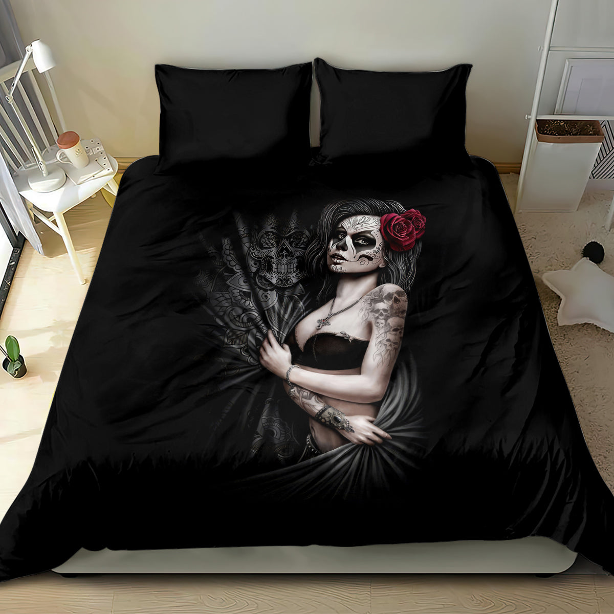 Black girl day of the dead duvet set with skull woman and red rose print, two matching pillowcases