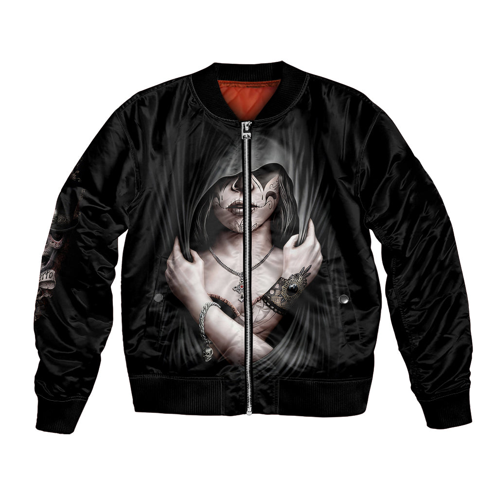 Black bomber jacket with front zip and Day of the Dead skull graphic