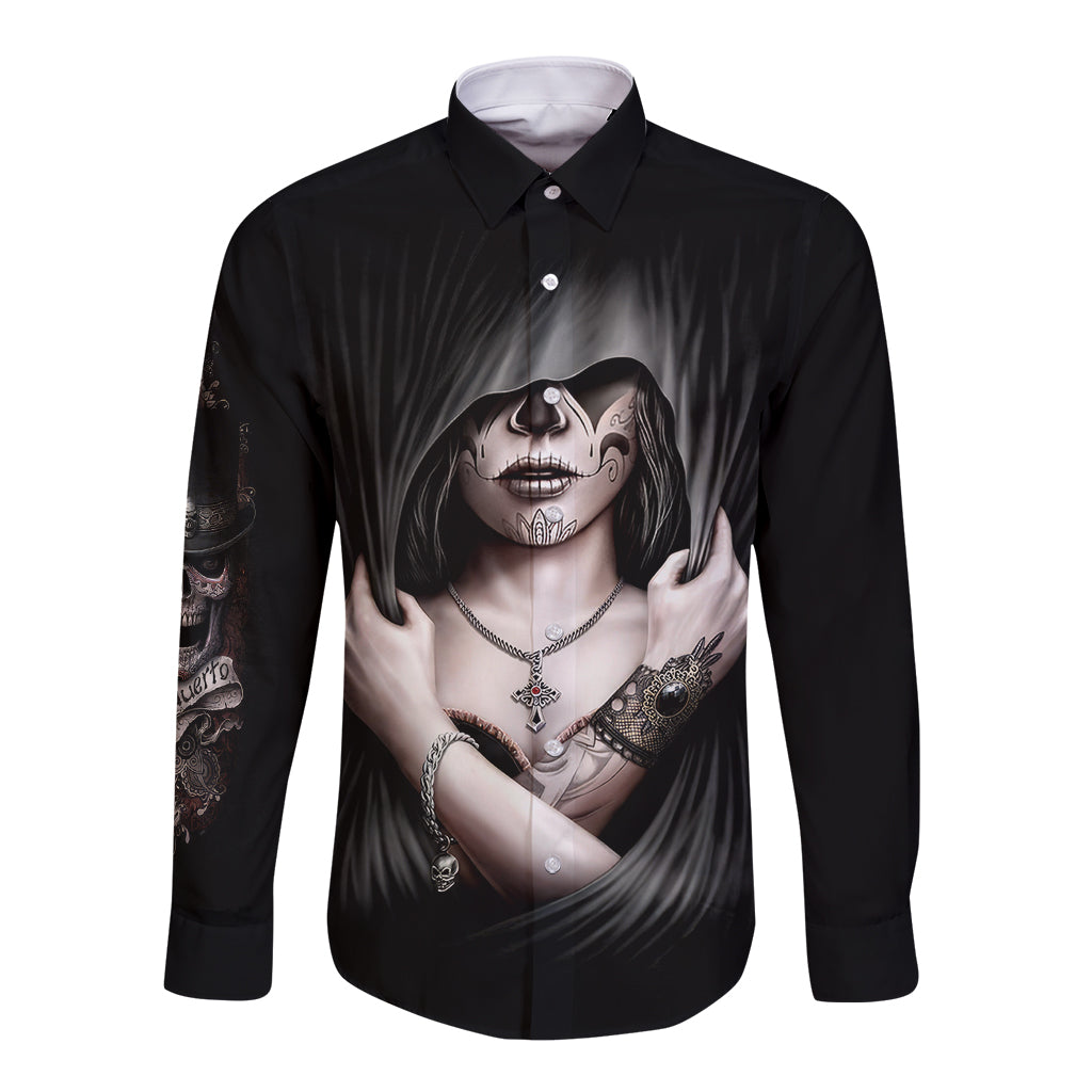 Black long-sleeve button shirt with Day of the Dead skull woman graphic