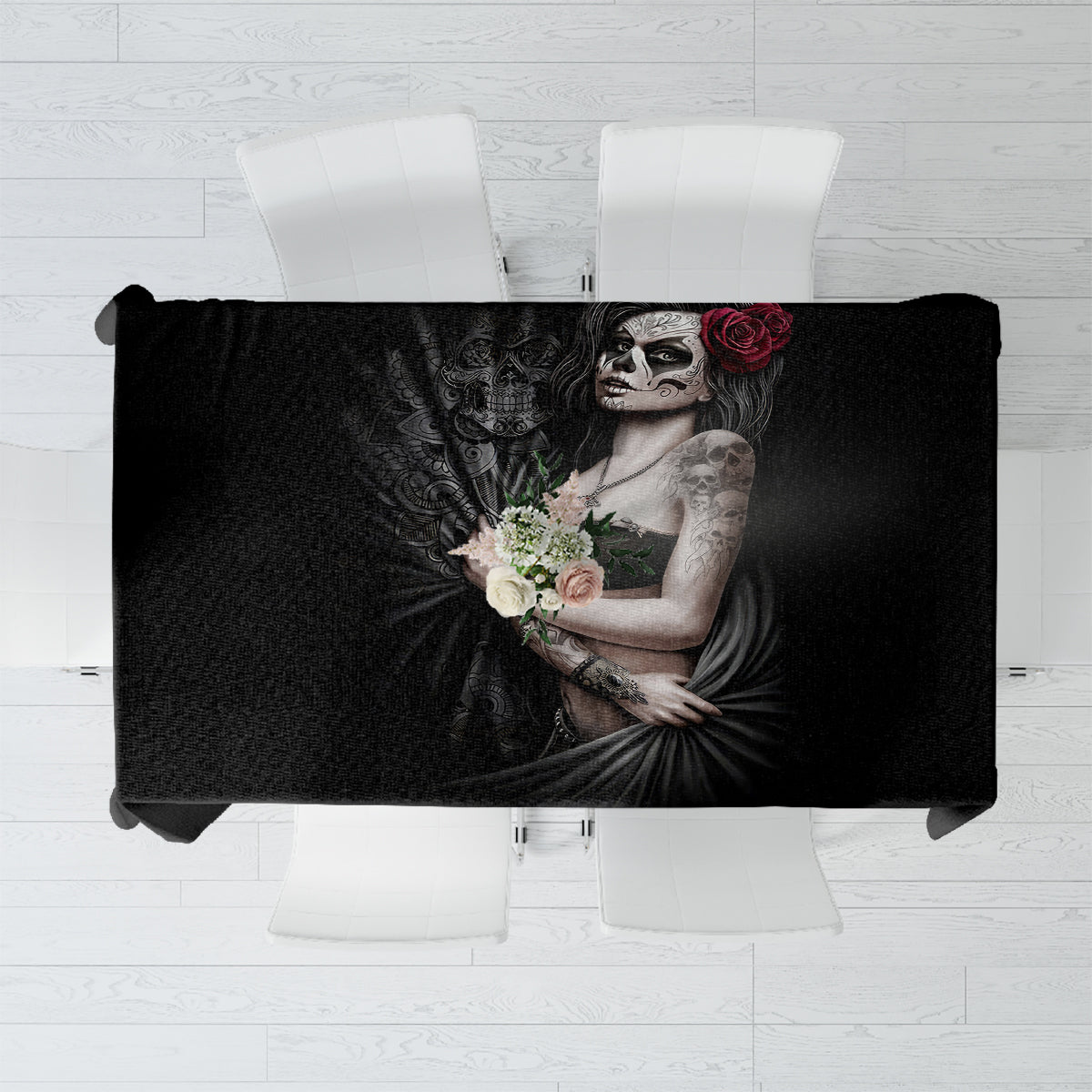 Black Halloween tablecloth with skull girl graphic and floral roses center panel
