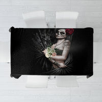 Black Halloween tablecloth with skull girl graphic and floral roses center panel