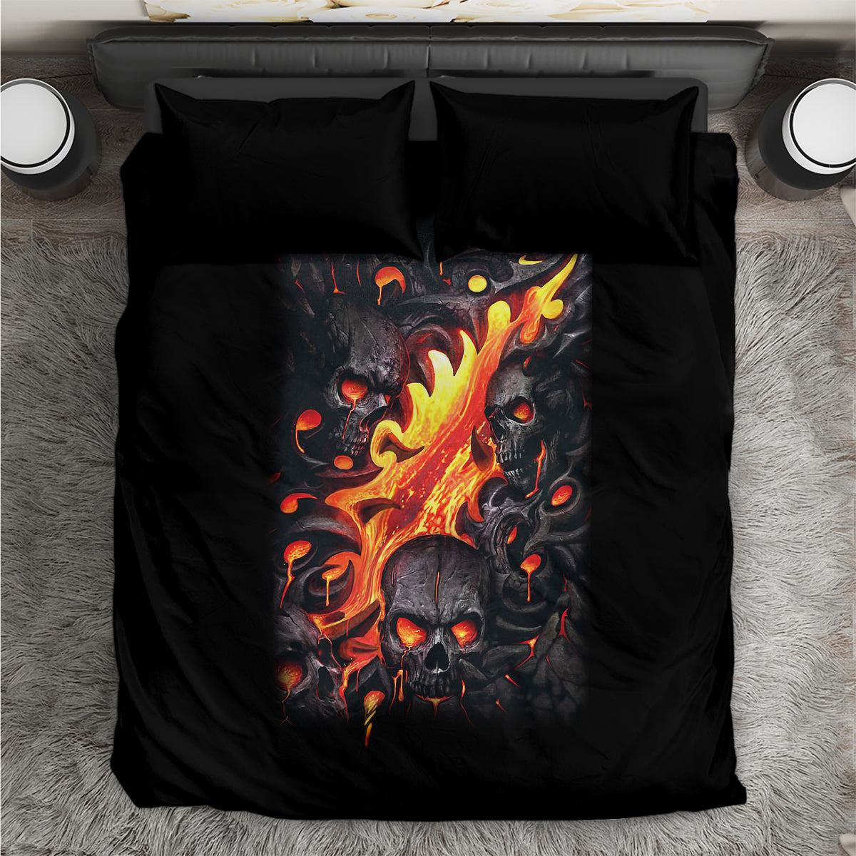 Black flame skull bedding set with comforter and two pillowcases, fiery skull graphic