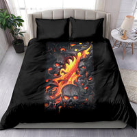 Black flame skull bedding set on bed, comforter and two pillowcases, fiery lava skull print