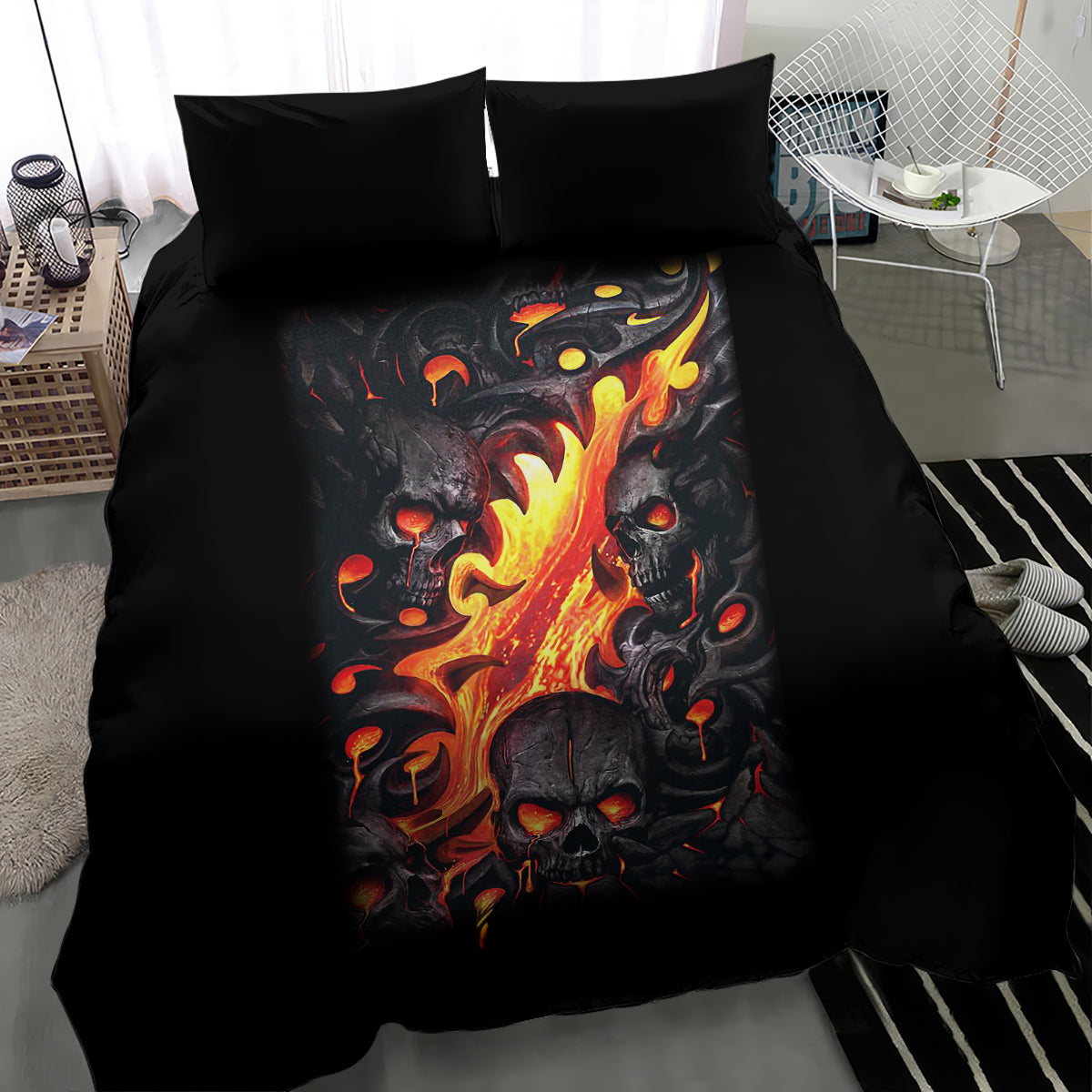 Black skull flame bedding set, comforter and two pillowcases with glowing skull graphic