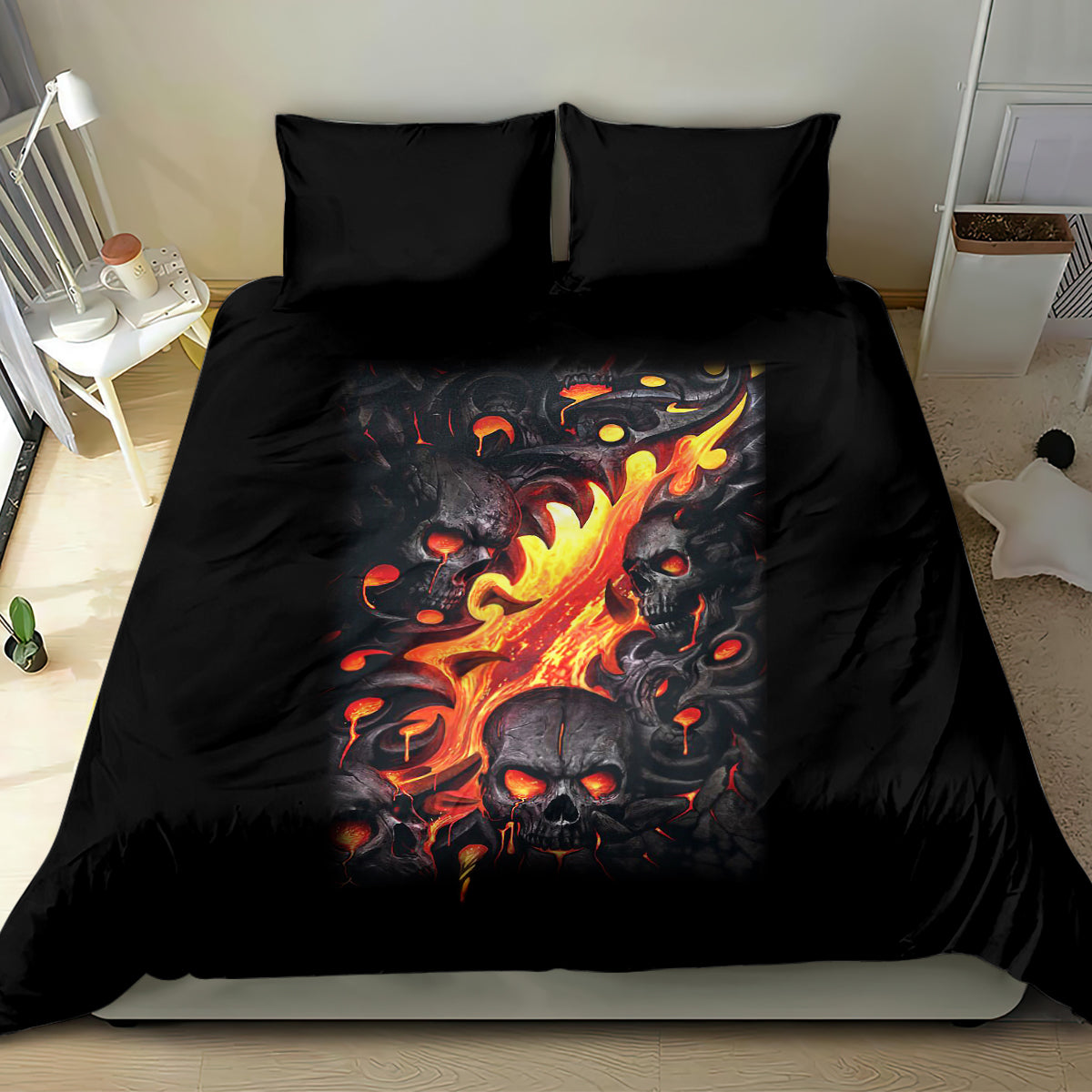 Black flame skull bedding set with comforter and two pillowcases, fiery skull center design