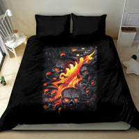 Black flame skull bedding set with comforter and two pillowcases, fiery skull center design