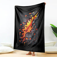 Black skull and flame lava graphic blanket, draped display