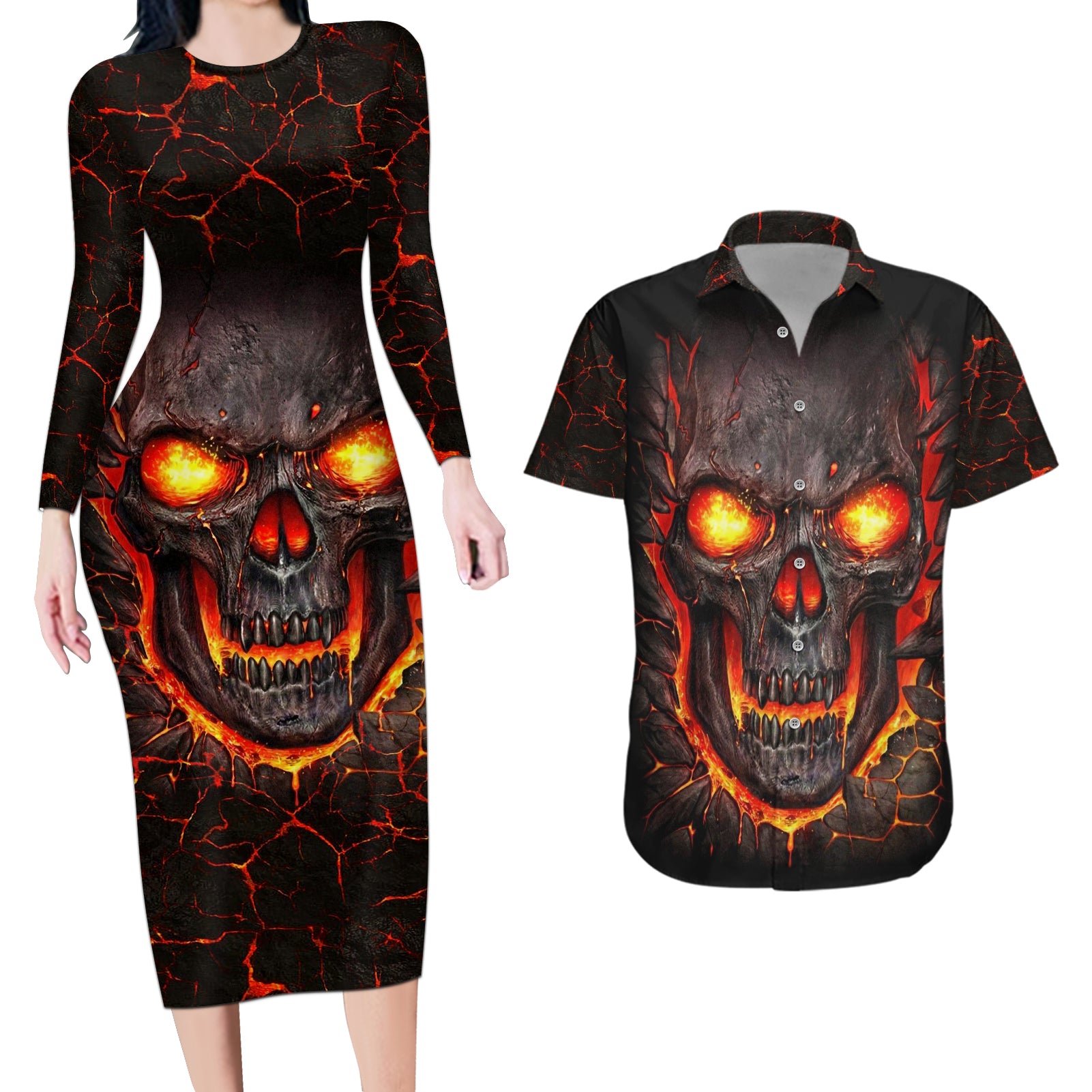 Skull Couples Matching Long Sleeve Bodycon Dress and Hawaiian Shirt Flame Skull Lava Inside - Wonder Print Shop