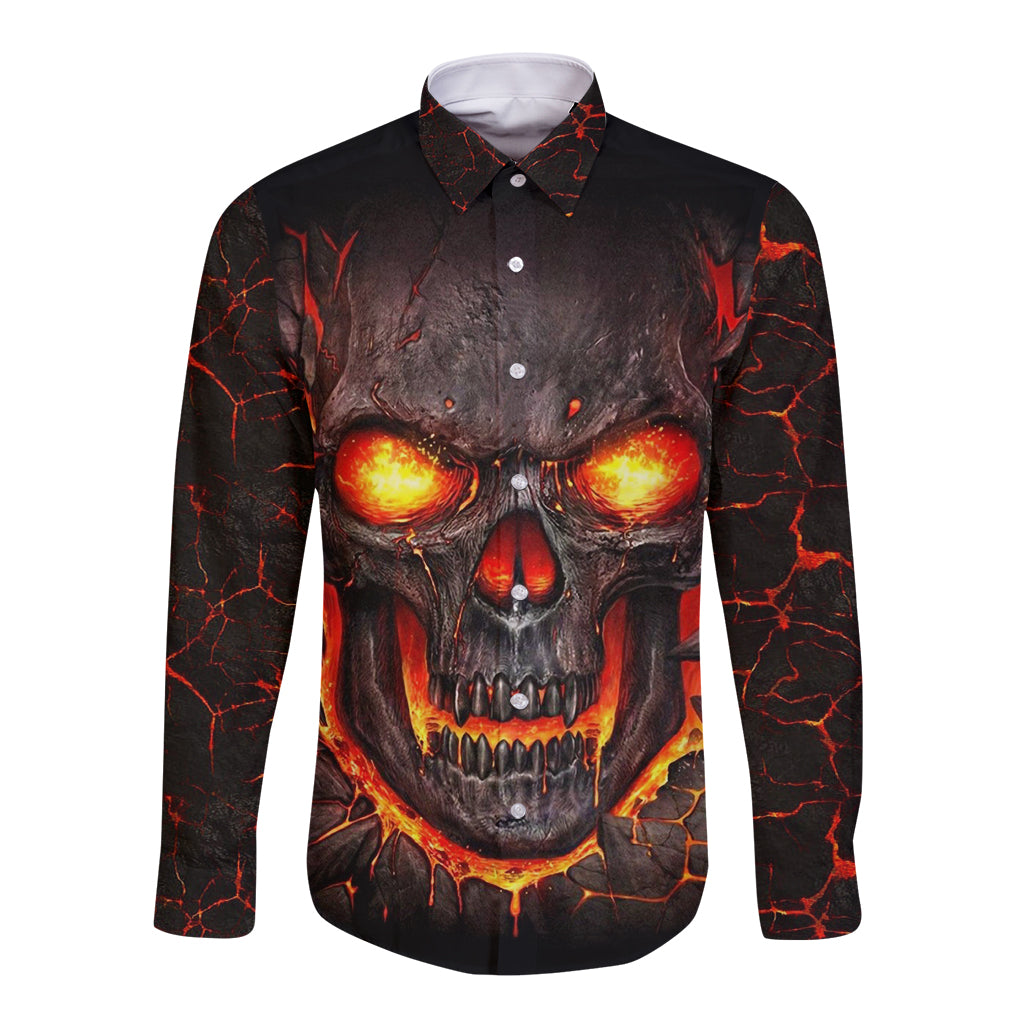 Skull Long Sleeve Button Shirt Flame Skull Lava Inside - Wonder Print Shop