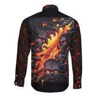 Black long sleeve button shirt with back flame skull graphic and red accents