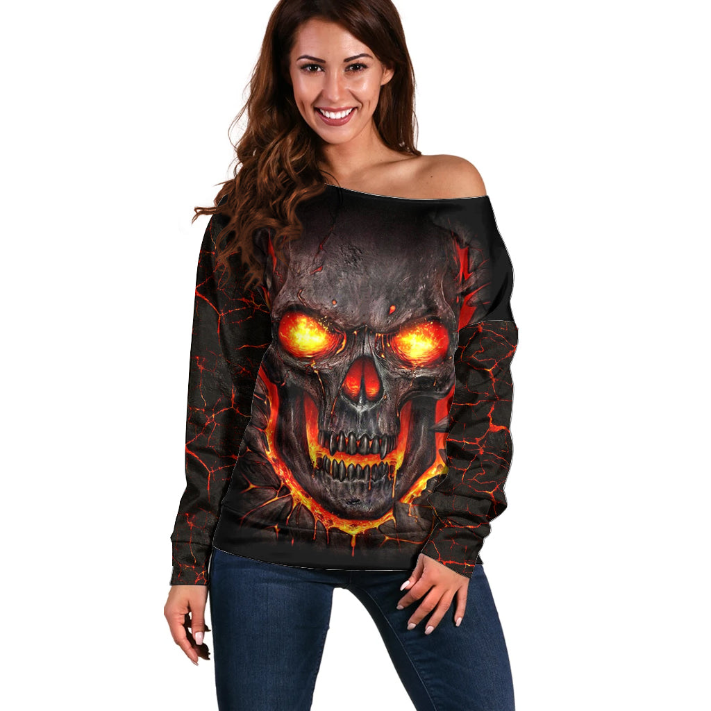 Skull Off Shoulder Sweater Flame Skull Lava Inside - Wonder Print Shop