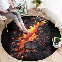 Round black area rug with flaming skull and lava burst, red orange sparks.