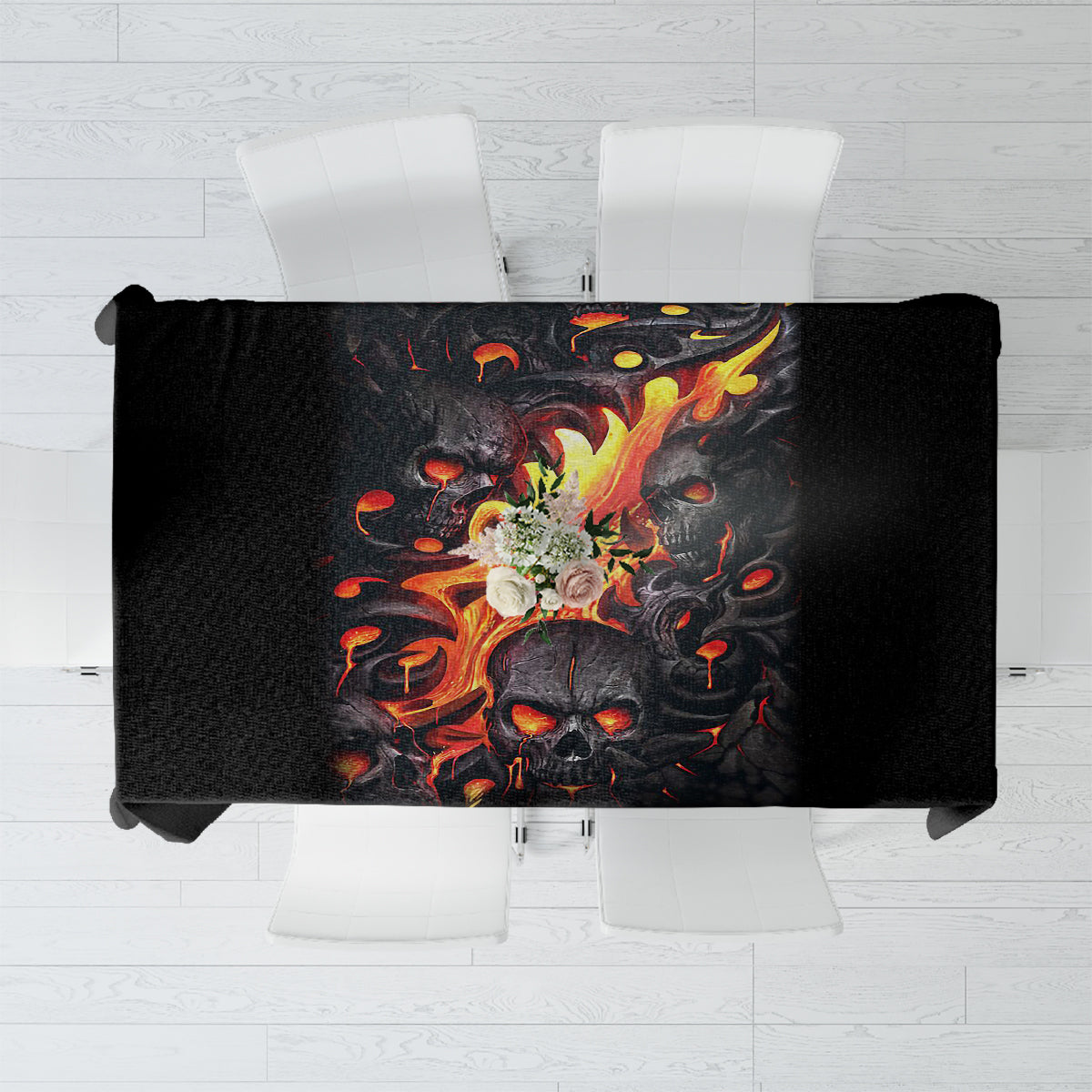 Black skull flame tablecloth with fiery lava skull print, rectangular top cover