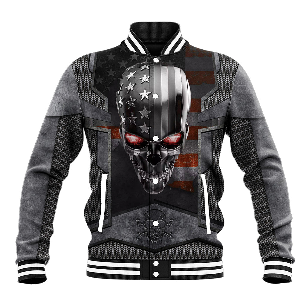 Unisex black baseball jacket with ribbed collar, striped cuffs, and skull graphic on front