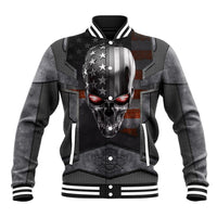 Unisex black baseball jacket with ribbed collar, striped cuffs, and skull graphic on front